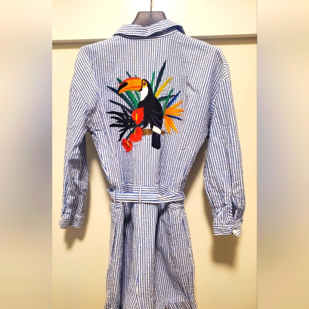 Zara Blue & White Striped Romper with amazing Toucan Embroidery Sz. Small